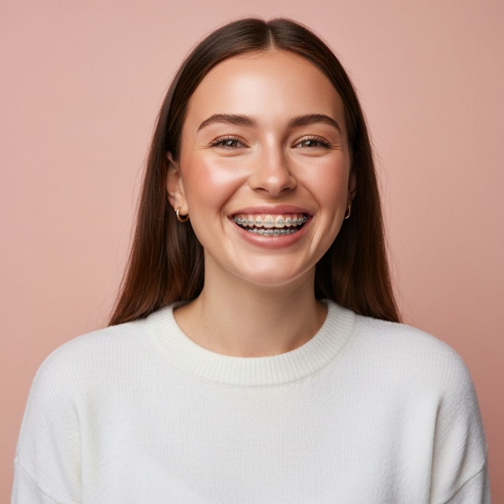 Smiling patient with ceramic braces